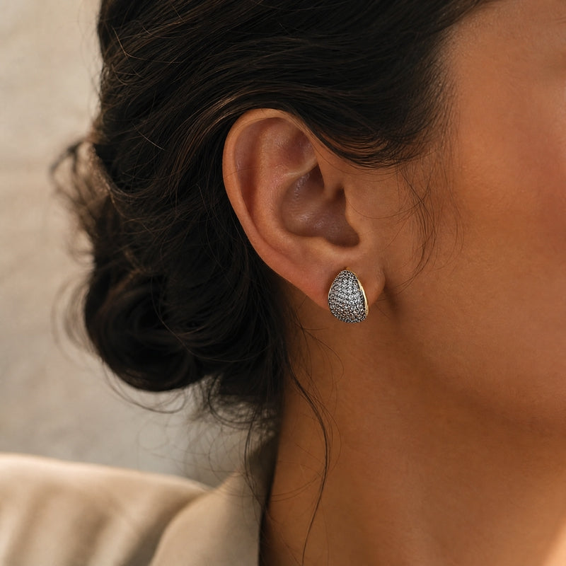 Gold & hematite chunky C-hoop huggies, black CZ pavé dome