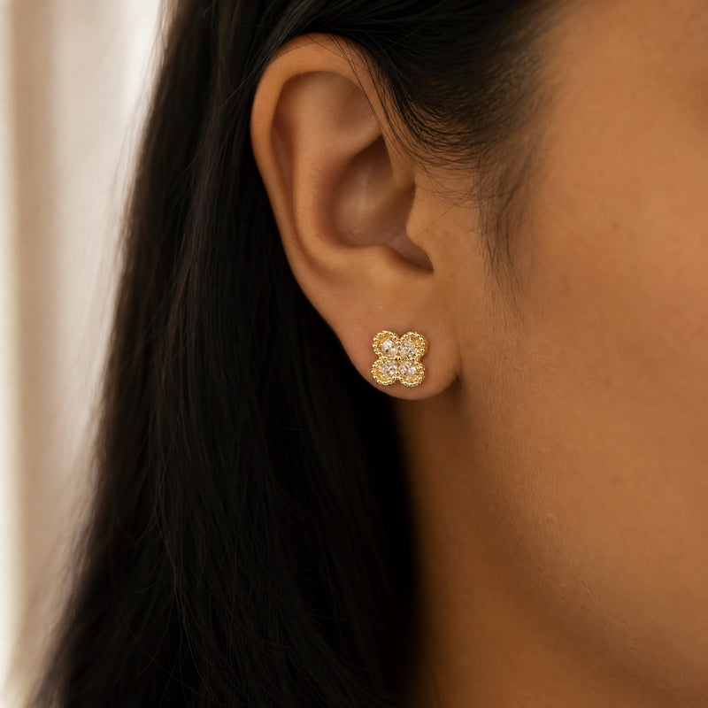 Gold CZ clover studs & pearl stud set (2 pairs)
