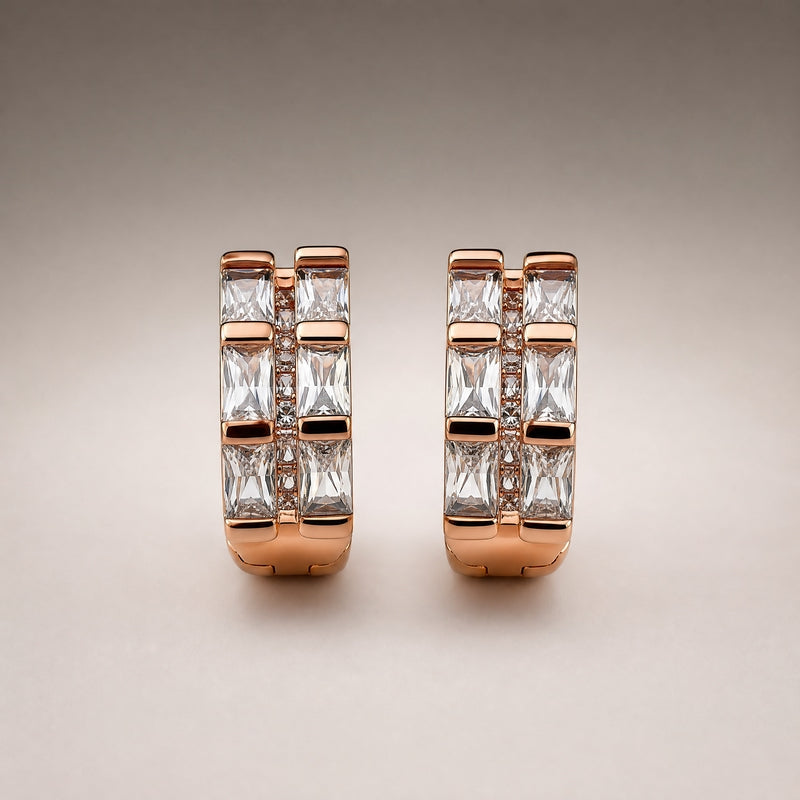 Rose gold double-row baguette CZ huggie hoops