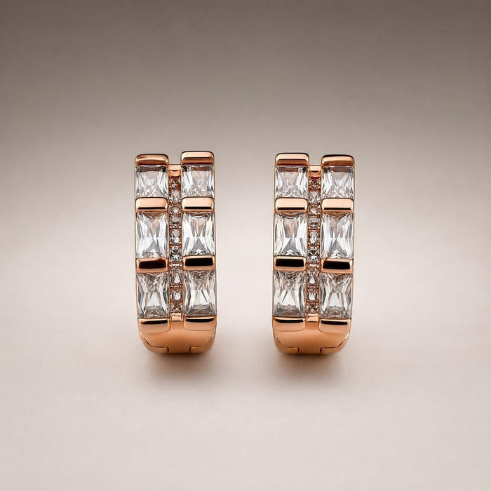 Rose gold double-row baguette CZ huggie hoops