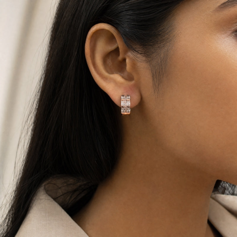 Rose gold double-row baguette CZ huggie hoops