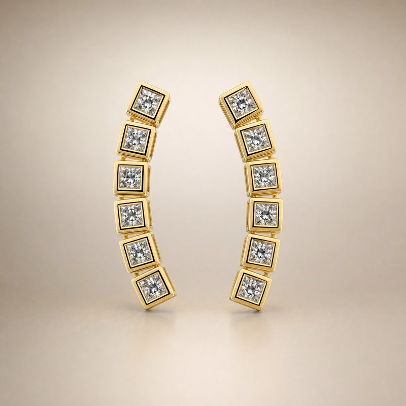 Gold bezel-set square CZ linear drop earrings