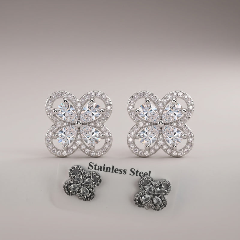 Silver CZ pavé flower studs, pear-cut petals
