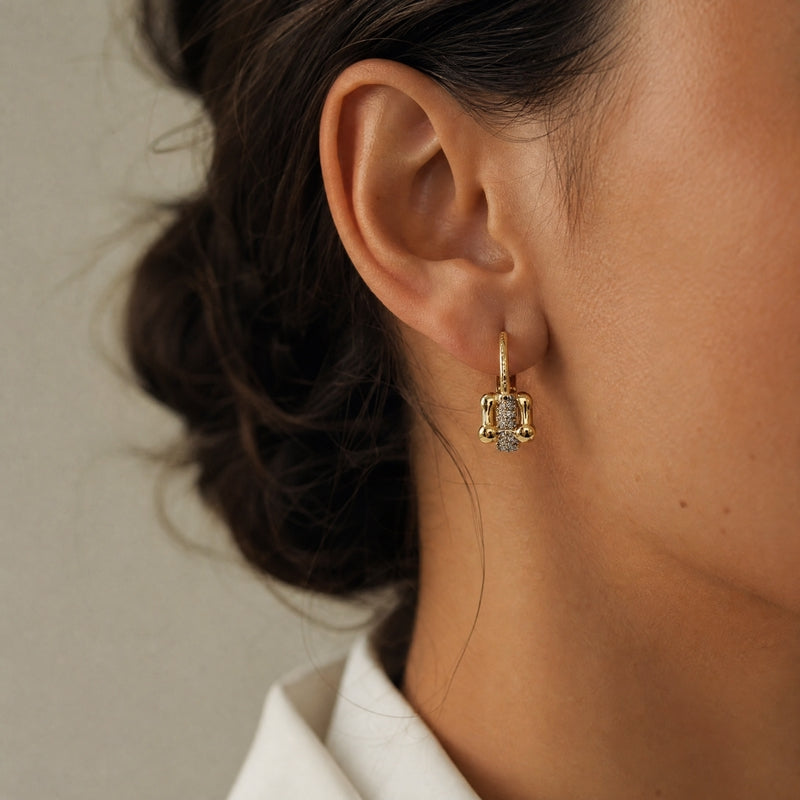 Gold two-tone huggie hoops, hematite CZ pavé bar