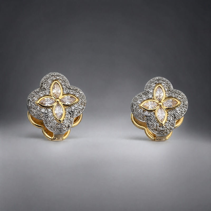 Gold & hematite clover studs, gold marquise-petal centre