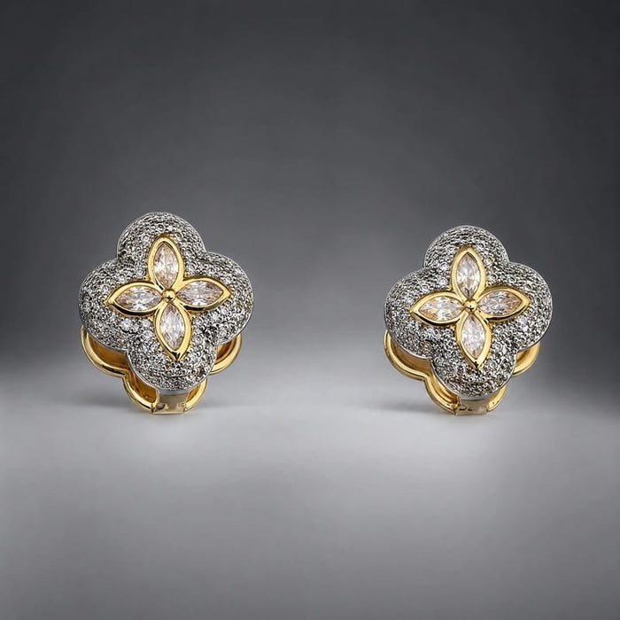Gold & hematite clover studs, gold marquise-petal centre