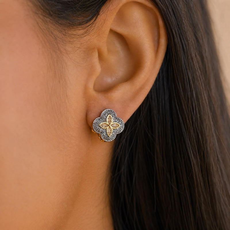 Gold & hematite clover studs, gold marquise-petal centre