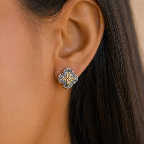 Gold & hematite clover studs, gold marquise-petal centre