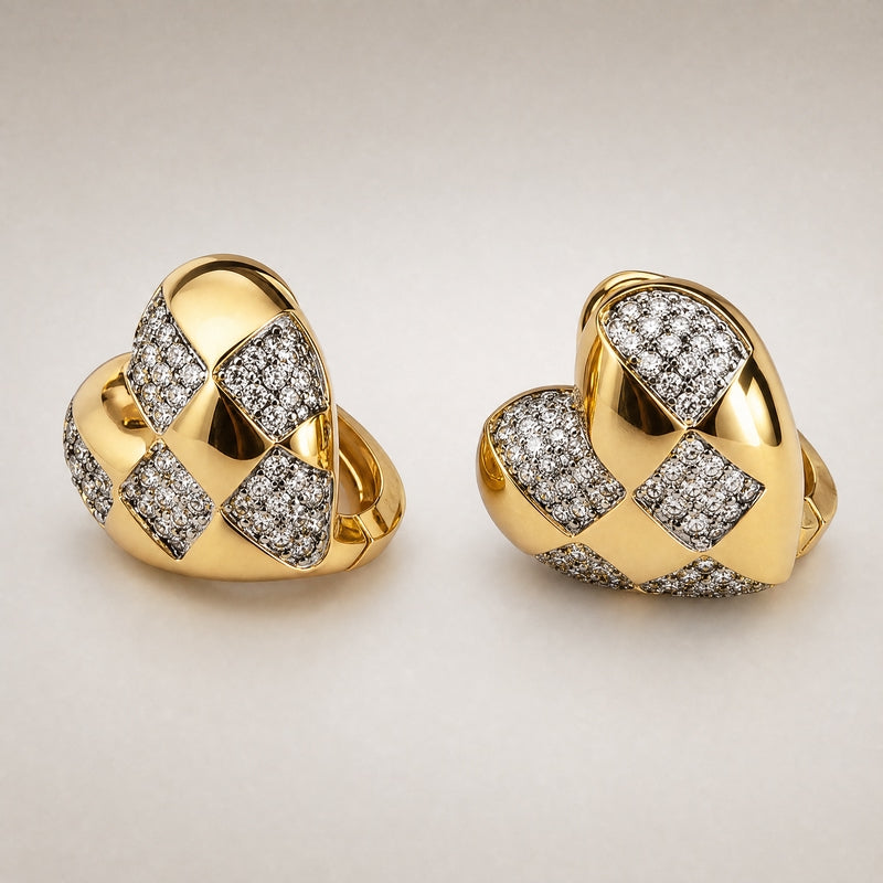 Gold puffed-heart studs, harlequin CZ pavé lattice