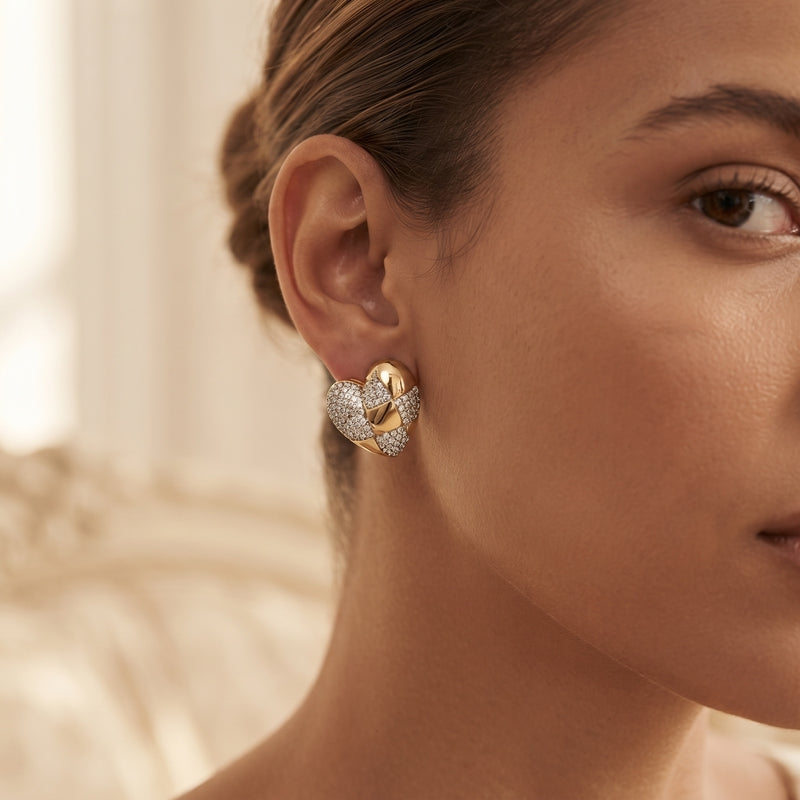 Gold puffed-heart studs, harlequin CZ pavé lattice