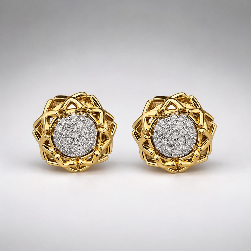 Gold openwork flower-frame studs, clear CZ pavé centre