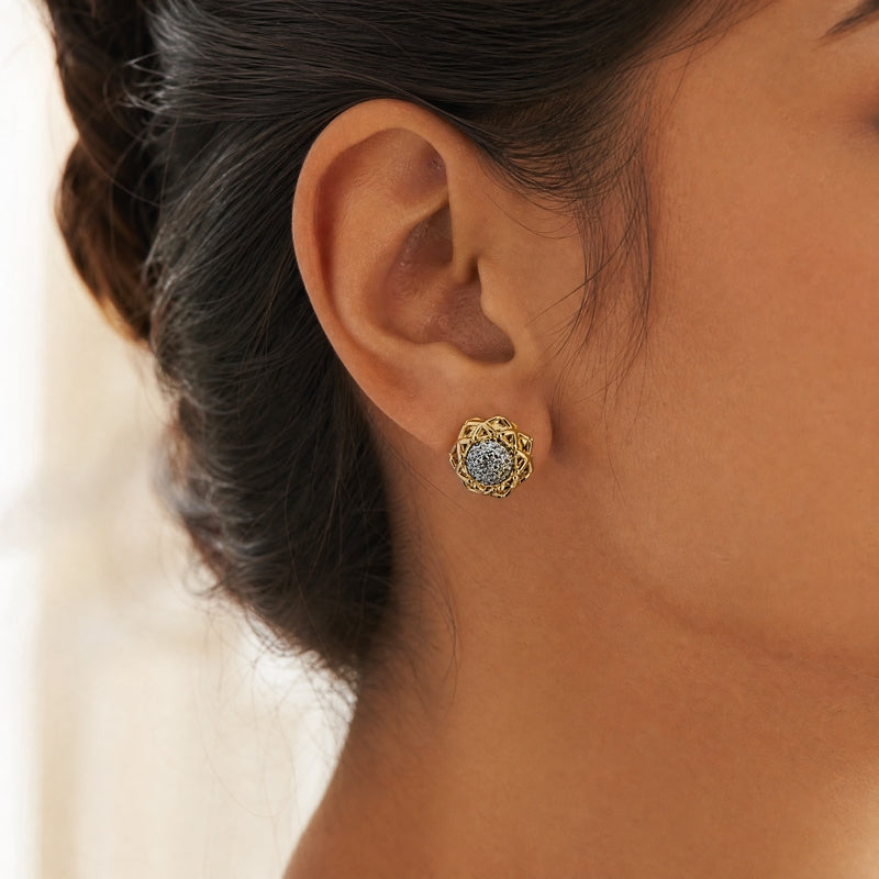 Gold openwork flower-frame studs, clear CZ pavé centre