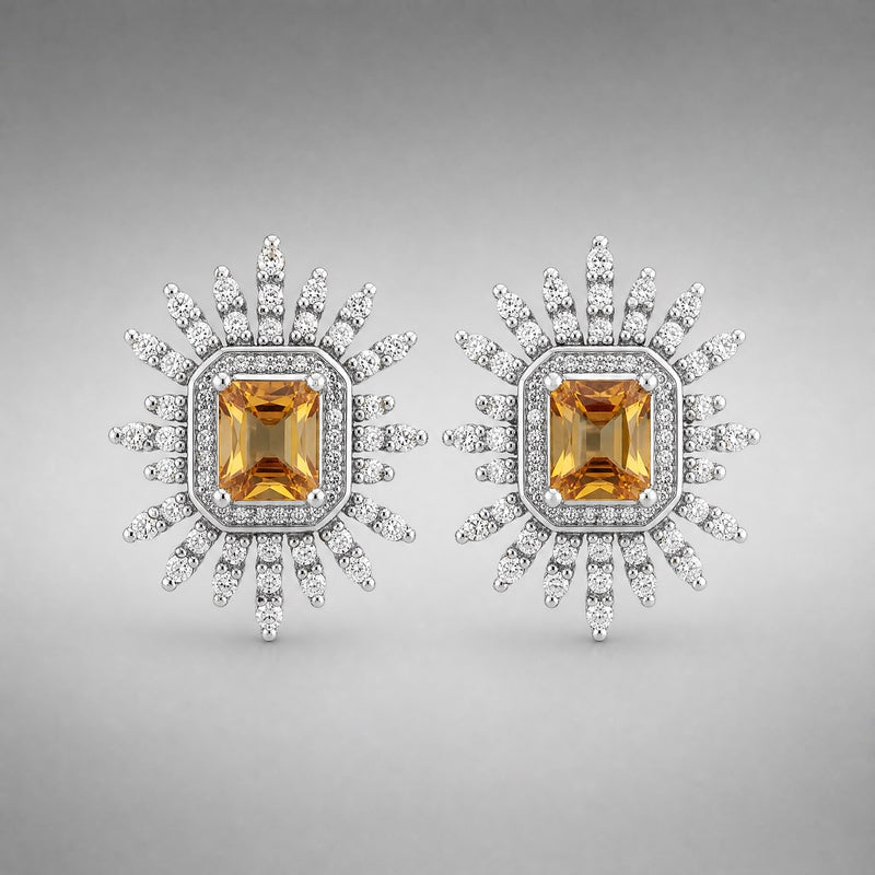 Silver CZ starburst studs, emerald-cut champagne centre