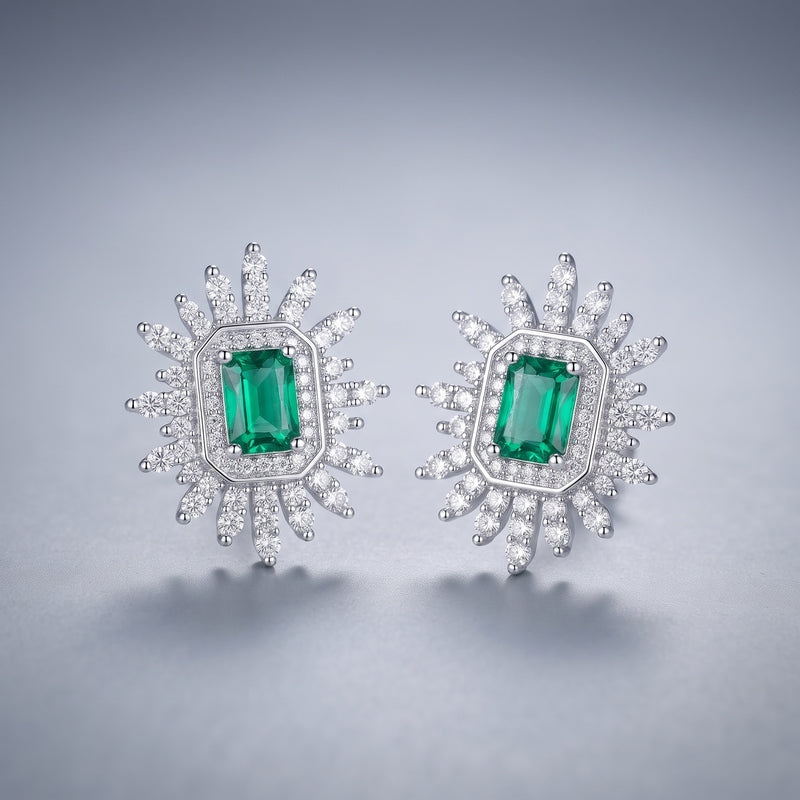 Silver CZ starburst studs, emerald-cut green centre