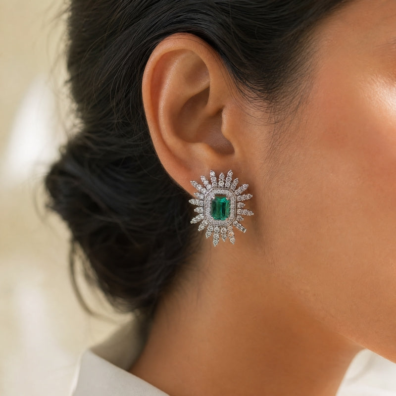 Silver CZ starburst studs, emerald-cut green centre