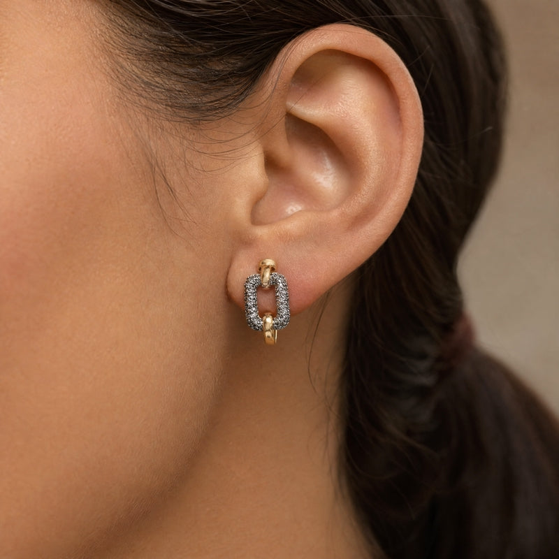 Gold elongated oval-link huggie hoops, black CZ pavé