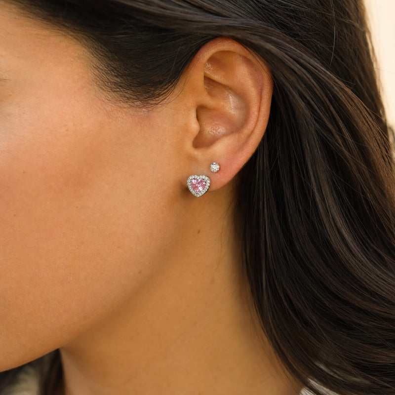 Silver 3-pair stud set: pink CZ heart halo + two CZ solitaires