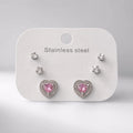 Silver 3-pair stud set: pink CZ heart halo + two CZ solitaires