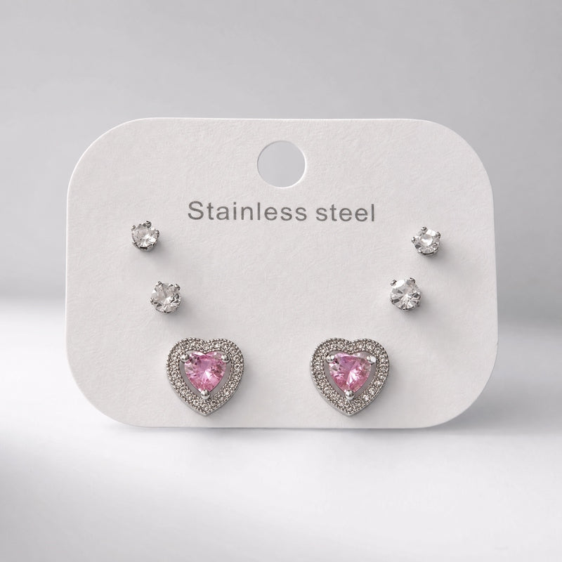 Silver 3-pair stud set: pink CZ heart halo + two CZ solitaires
