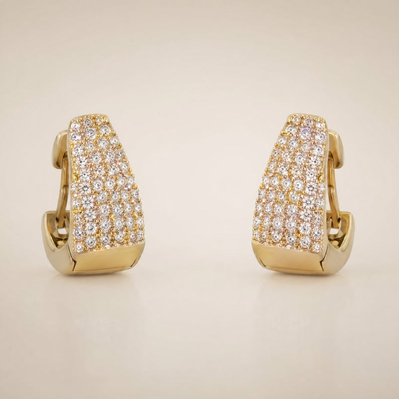 Gold tapered huggie hoops, CZ pavé front