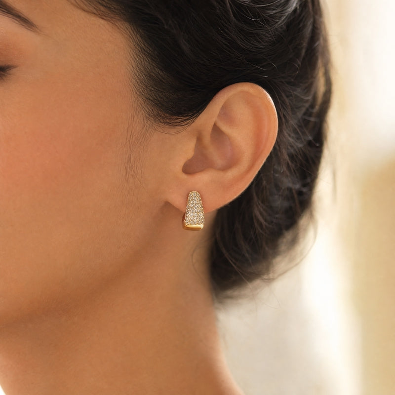 Gold tapered huggie hoops, CZ pavé front