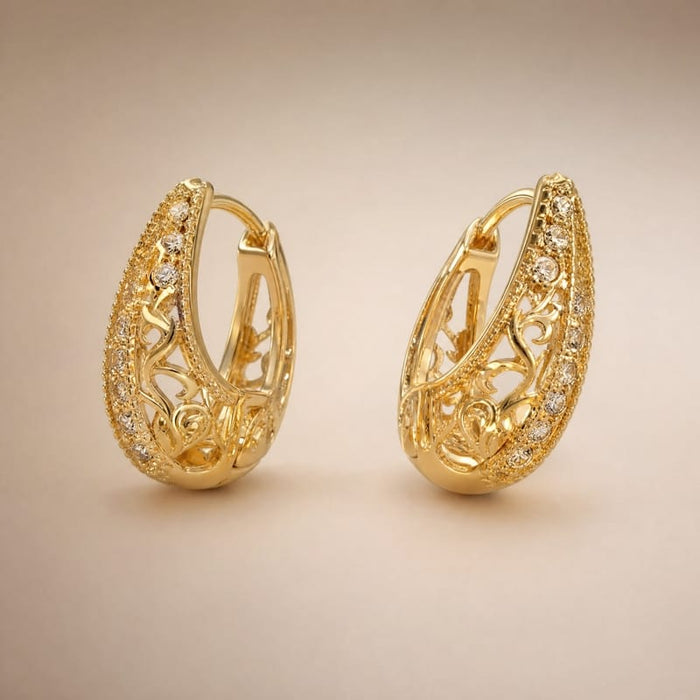 Gold filigree teardrop hoops, CZ pavé edge