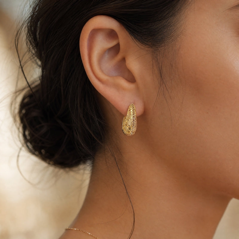Gold filigree teardrop hoops, CZ pavé edge