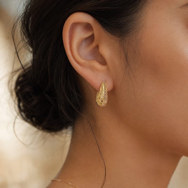 Gold filigree teardrop hoops, CZ pavé edge