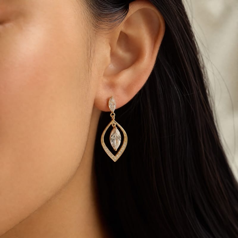Gold drop earrings, marquise CZ in open pavé leaf frame
