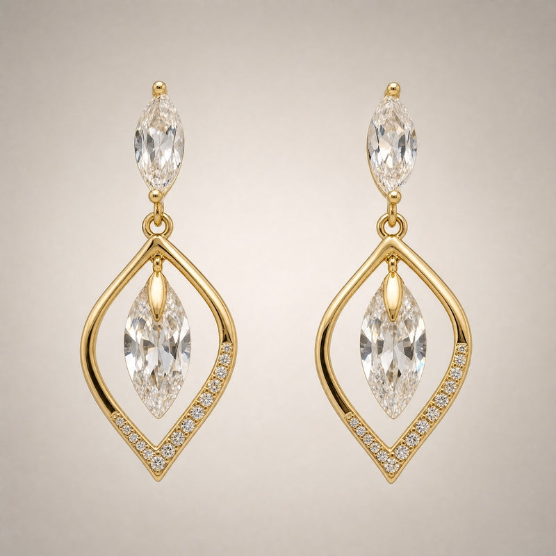 Gold drop earrings, marquise CZ in open pavé leaf frame