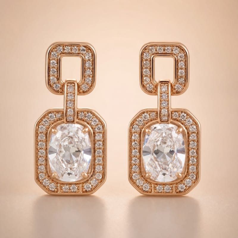 Rose gold drop earrings, oval CZ, octagonal pavé halo