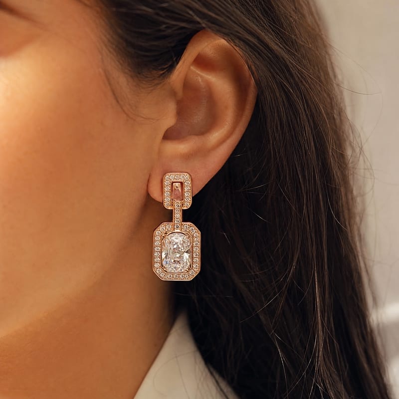 Rose gold drop earrings, oval CZ, octagonal pavé halo