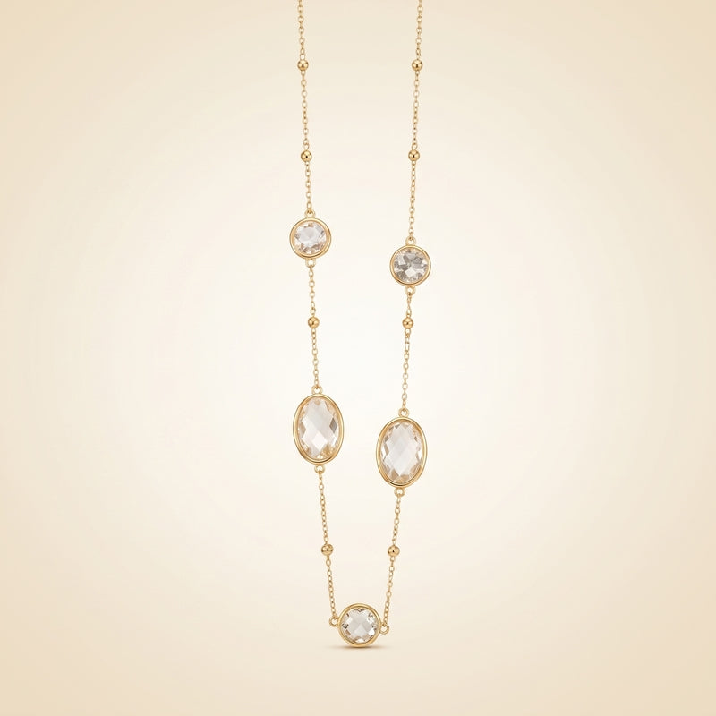 Gold beaded-chain long necklace, clear crystal bezel stations
