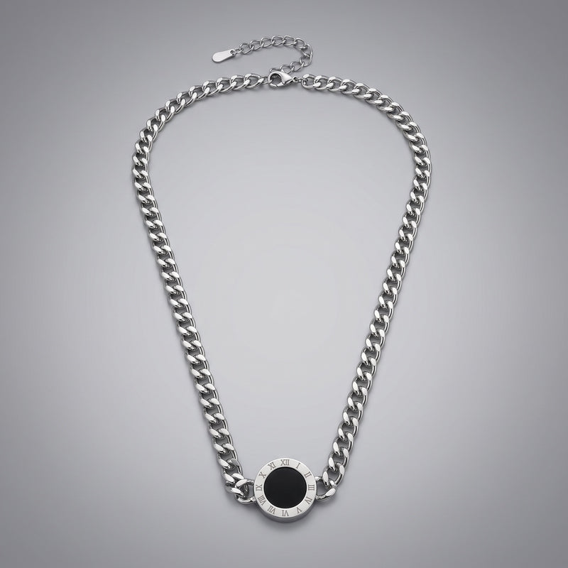 Silver curb-chain necklace, Roman numeral disc pendant