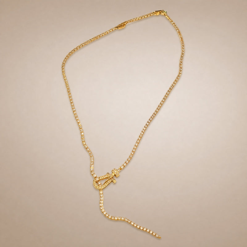 Gold CZ tennis lariat necklace, pavé buckle-hook drop