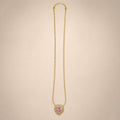 Gold CZ tennis necklace, pink heart pendant, double halo