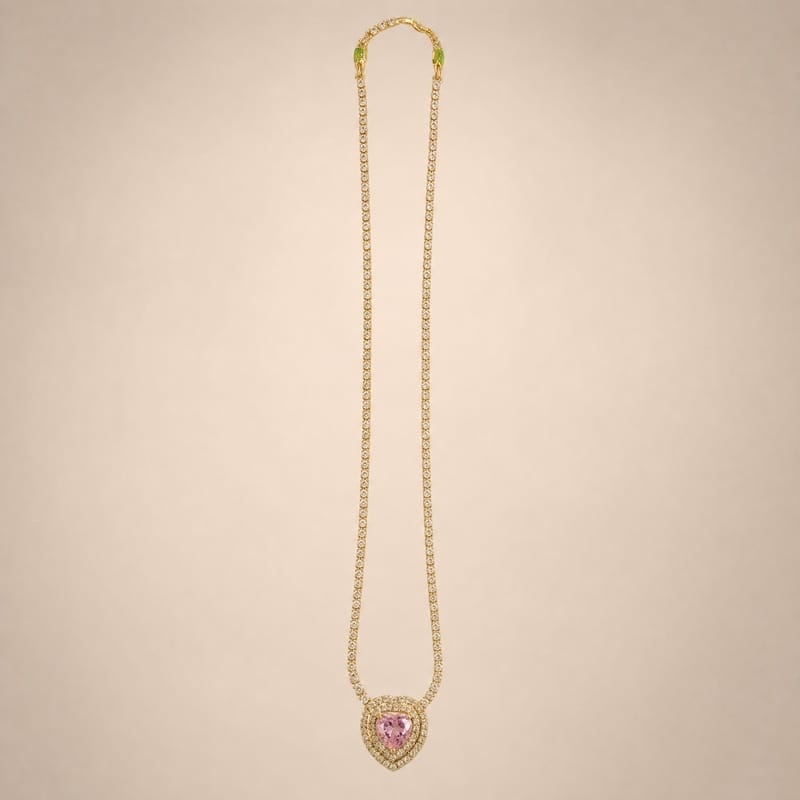 Gold CZ tennis necklace, pink heart pendant, double halo