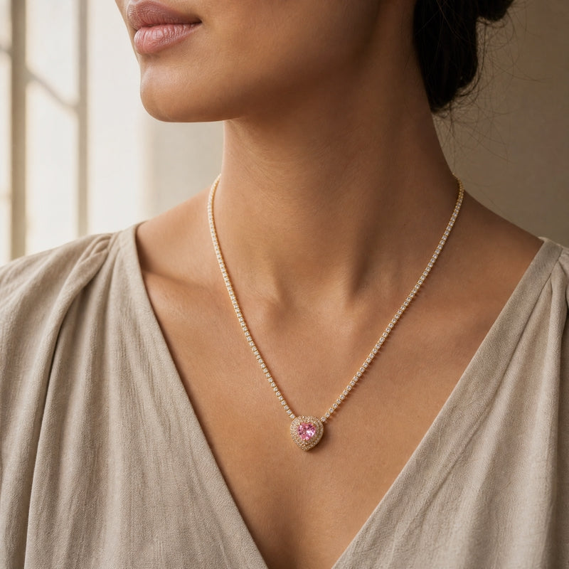 Gold CZ tennis necklace, pink heart pendant, double halo