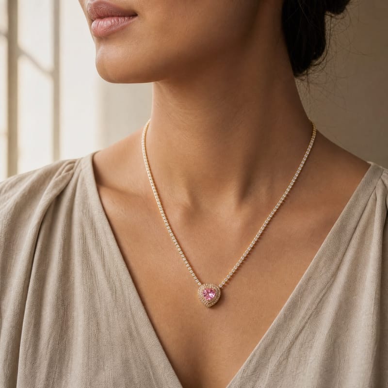 Gold CZ tennis necklace, pink heart pendant, double halo