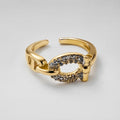 Gold open adjustable ring, CZ pavé chain-link centre