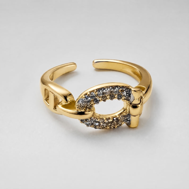 Gold open adjustable ring, CZ pavé chain-link centre
