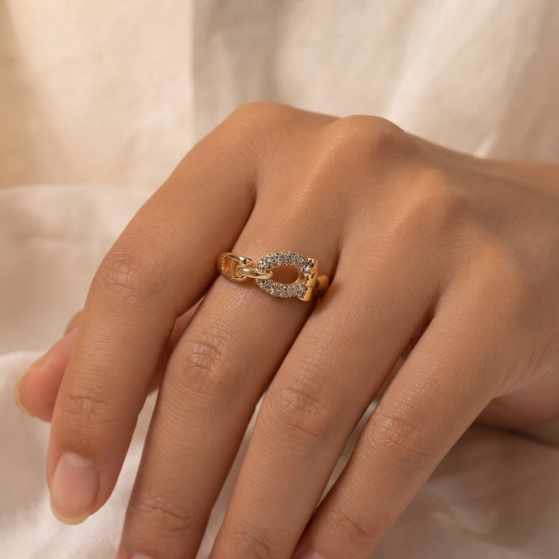Gold open adjustable ring, CZ pavé chain-link centre