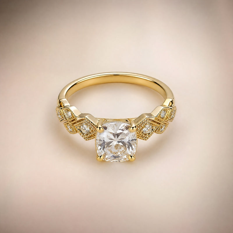Gold solitaire ring, cushion-cut CZ, pavé zigzag shoulders