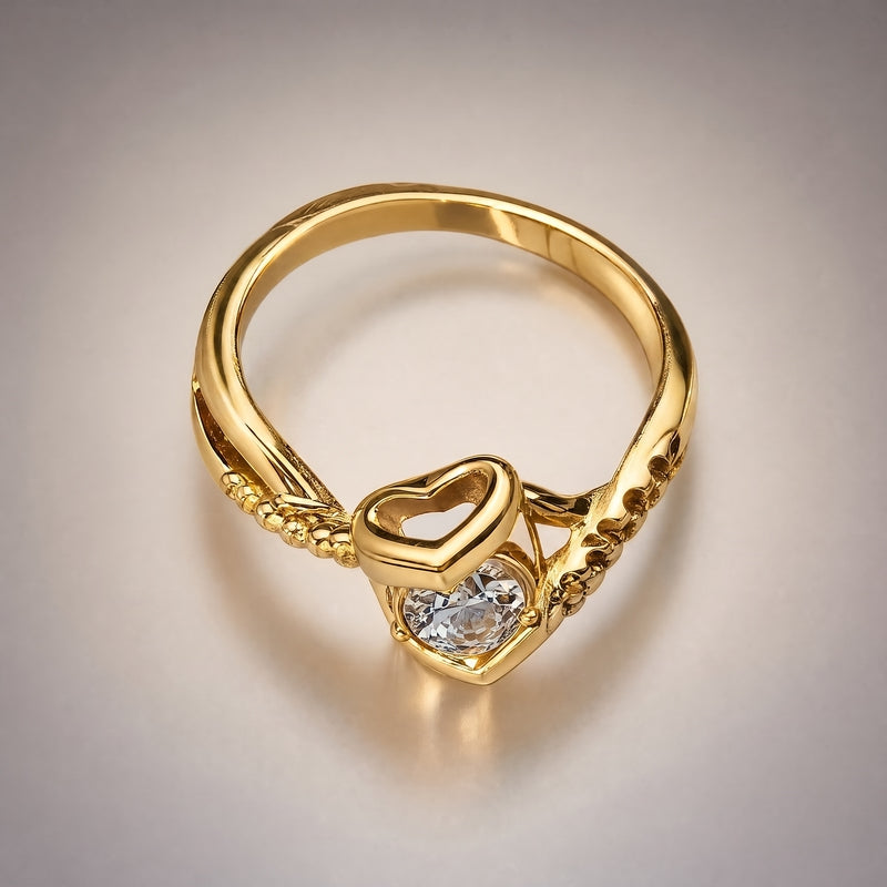 Gold heart-motif ring, CZ solitaire, twisted pavé band