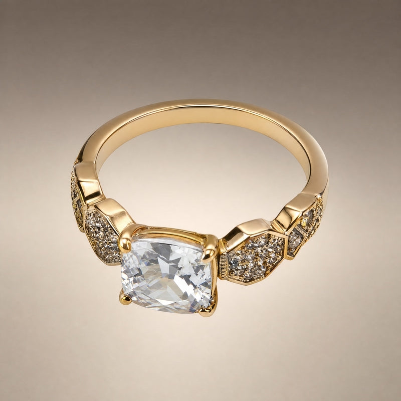 Gold solitaire ring, cushion-cut CZ, pavé shoulders