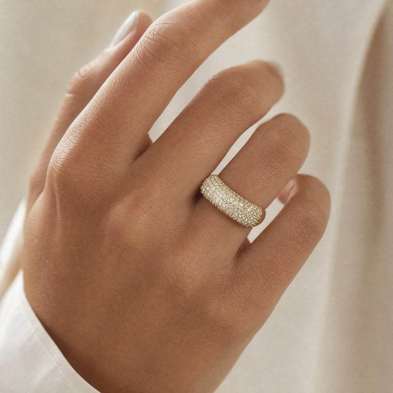 Gold chunky dome ring, full CZ micro-pavé