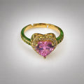 Gold adjustable ring, pink heart CZ, pavé halo & band