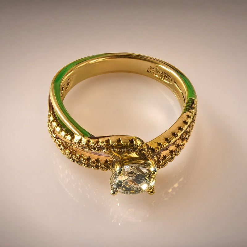 Gold crossover ring, round CZ solitaire, pavé split band