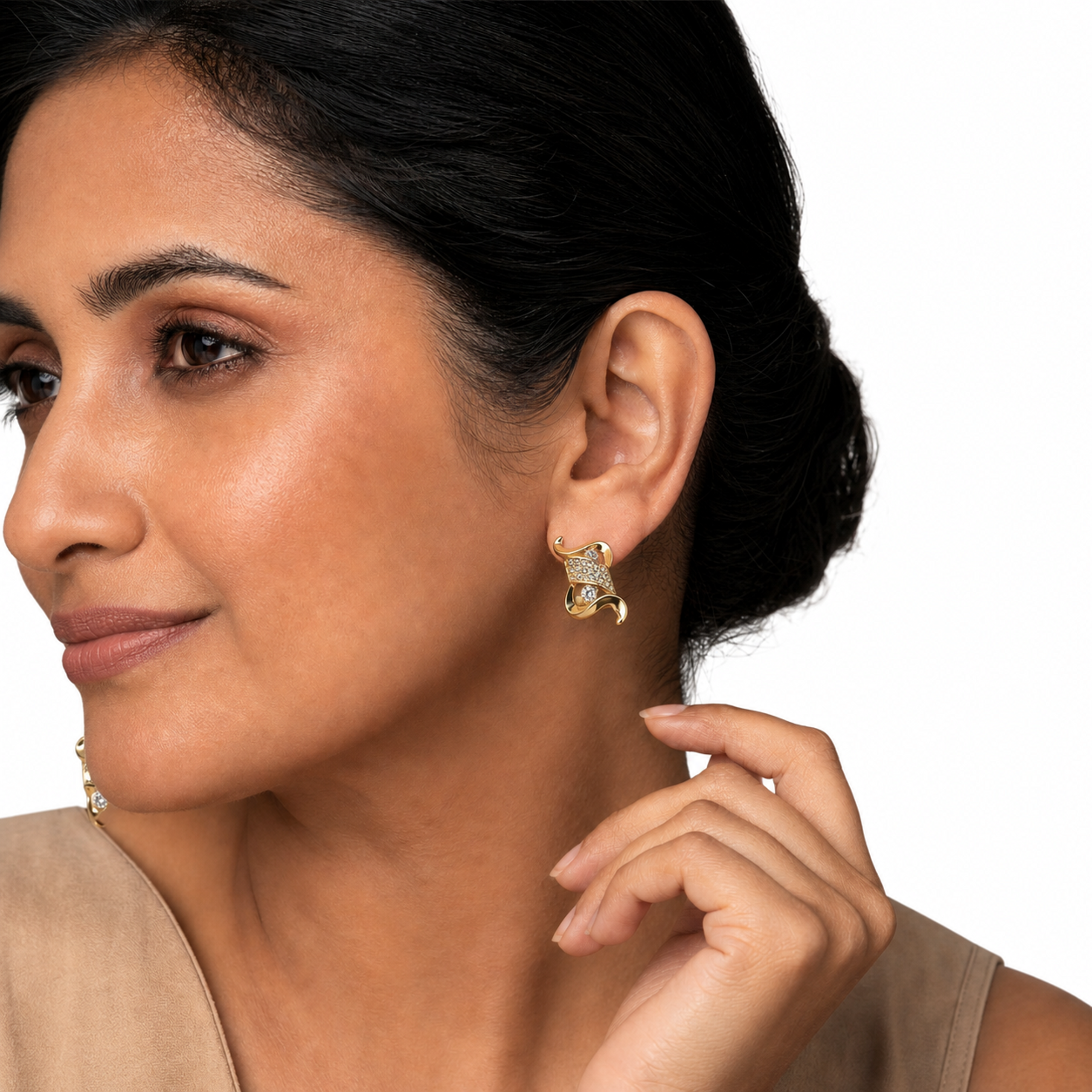 Gold Pave Wave Swirl Clip Earrings