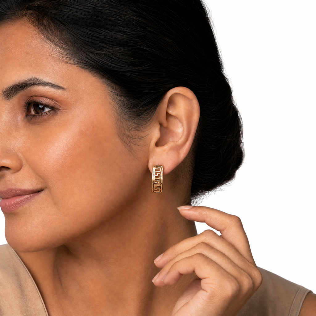 Gold Greek Key Huggie Hoop Earrings